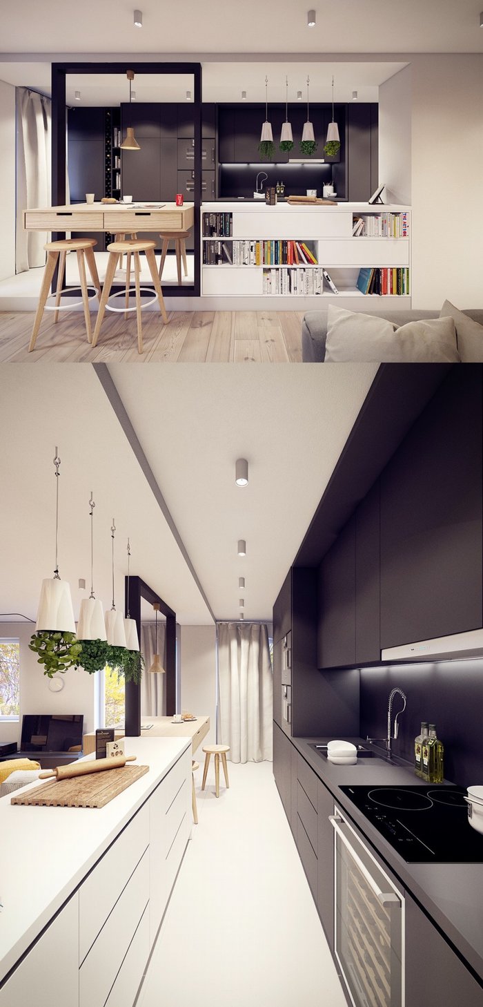 Thiết kế nội thất bếp với tông đen trắng gỗ