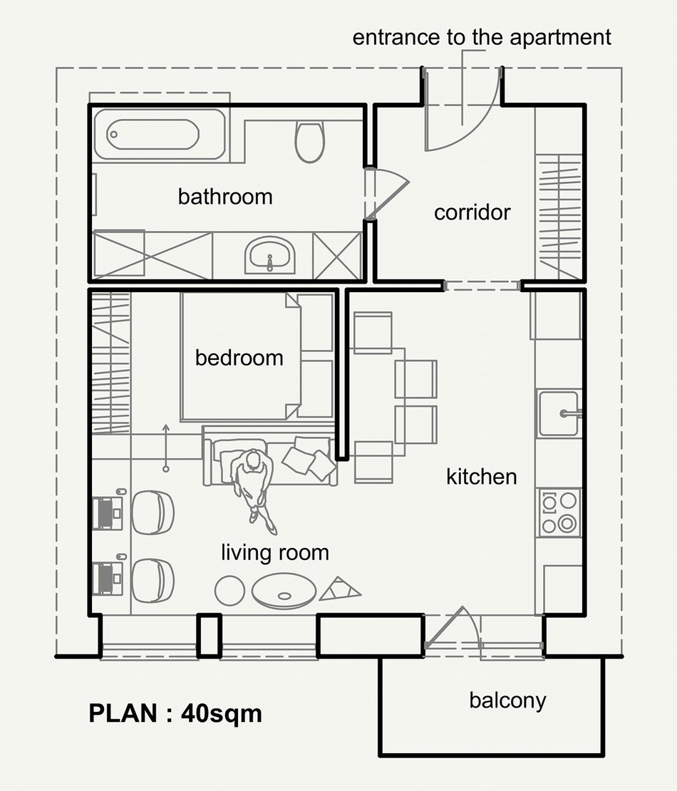 Ý tưởng thiết kế căn hộ 40m2 một phòng ngủ hiện đại 1