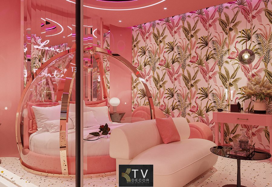 Thiết kế phòng khách sạn tone hồng pastel hiện đại với nội thất sang trọng và ánh sáng ấm – KTV Group