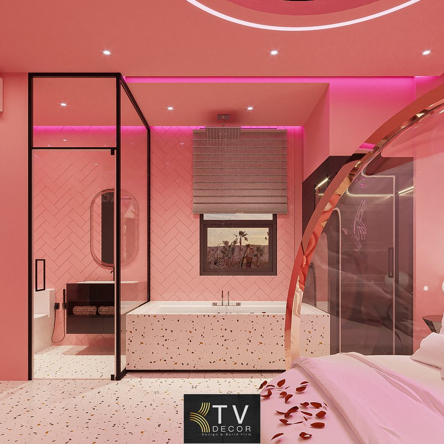 Mẫu thiết kế nội thất phòng khách sạn tone hồng pastel hiện đại, tinh tế và ấn tượng – KTV Group