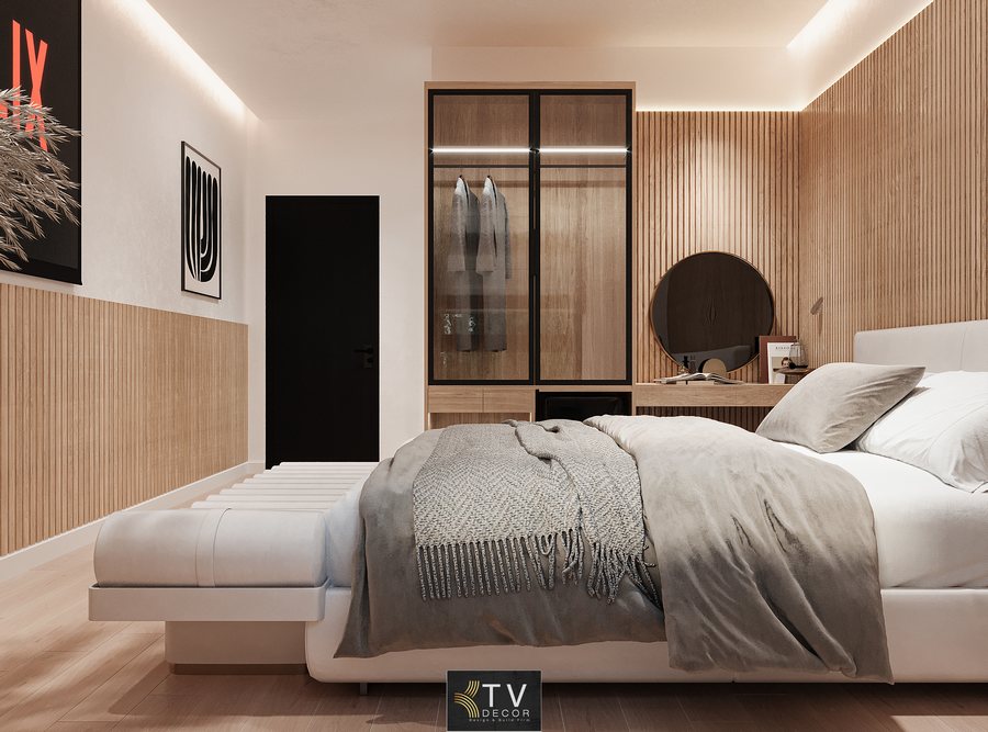 Khám phá mẫu thiết kế phòng khách sạn hiện đại tối giản với tone gỗ sáng và ánh sáng tự nhiên tinh tế. Dự án được KTV Group thiết kế – thi công trọn gói, mang lại không gian nghỉ ngơi thư giãn, sang trọng và hài hòa.