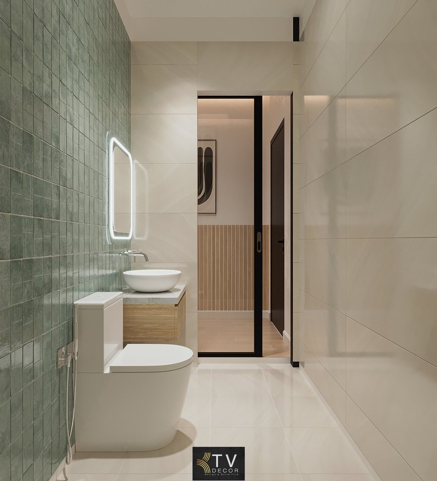 Không gian phòng khách sạn được thiết kế theo phong cách tối giản hiện đại (Minimalist) với gam màu gỗ sáng – be – trắng làm chủ đạo.