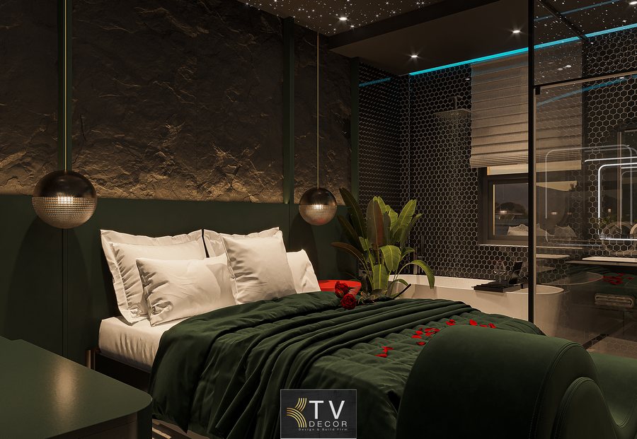Thiết kế phòng khách sạn hiện đại tông tối sang trọng, điểm nhấn ánh sáng tinh tế do KTV GROUP thực hiện.