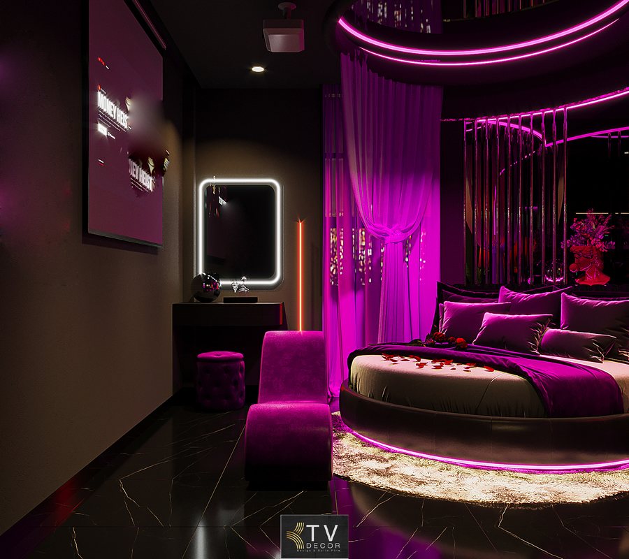 thiết kế khách sạn hiện đại, phòng khách sạn neon, thiết kế nội thất khách sạn, KTV GROUP, thi công khách sạn cao cấp, luxury hotel design, không gian khách sạn trẻ trung