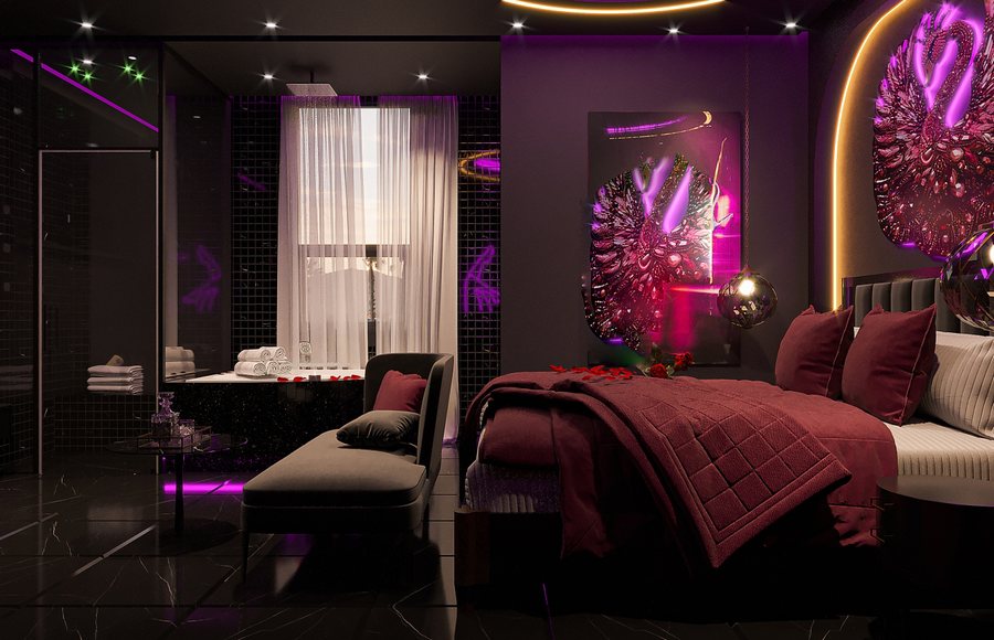 Thiết kế phòng khách sạn tình yêu Dreamy Violet phong cách hiện đại với ánh sáng tím neon và nội thất cao cấp.