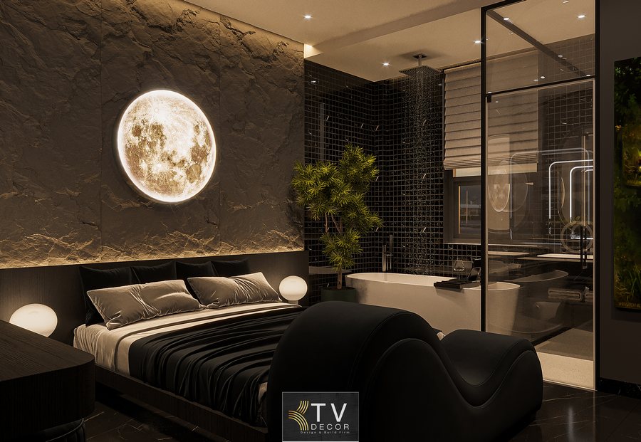 Thiết kế phòng khách sạn hiện đại tông đen sang trọng với ánh sáng mặt trăng nổi bật, không gian thư giãn tinh tế do KTV GROUP thực hiện. 
