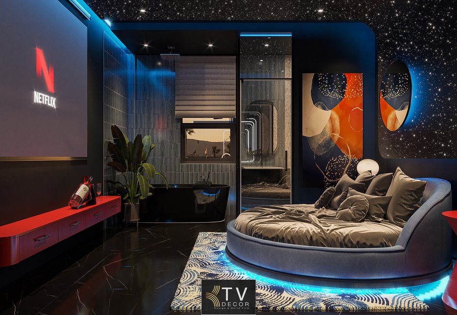 Khám phá dự án thiết kế thi công phòng khách sạn hiện đại do KTV GROUP thực hiện. Không gian lấy cảm hứng từ vũ trụ với trần sao lấp lánh, ánh sáng xanh huyền ảo và nội thất cao cấp, mang lại trải nghiệm nghỉ dưỡng độc đáo và sang trọng.