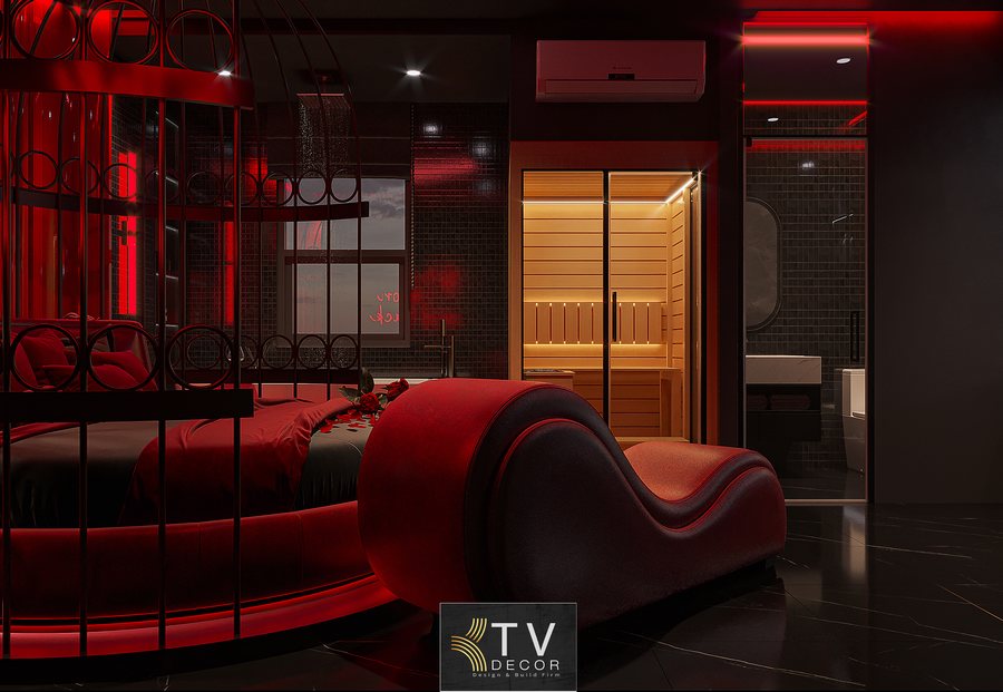 Thiết kế phòng khách sạn ánh sáng LED đỏ nổi bật – Dự án KTV GROUP