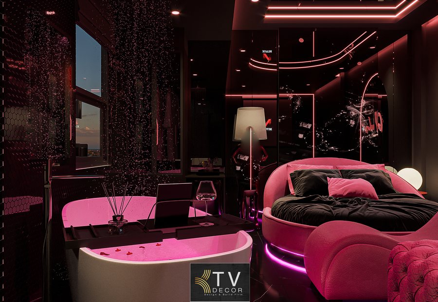 Sự kết hợp giữa vật liệu phản chiếu, ánh sáng LED viền trần và chất liệu vải cao cấp tạo nên không gian vừa ấm cúng, vừa hiện đại – một trải nghiệm lưu trú đẳng cấp dành cho khách hàng yêu thích phong cách trẻ trung, cá tính.