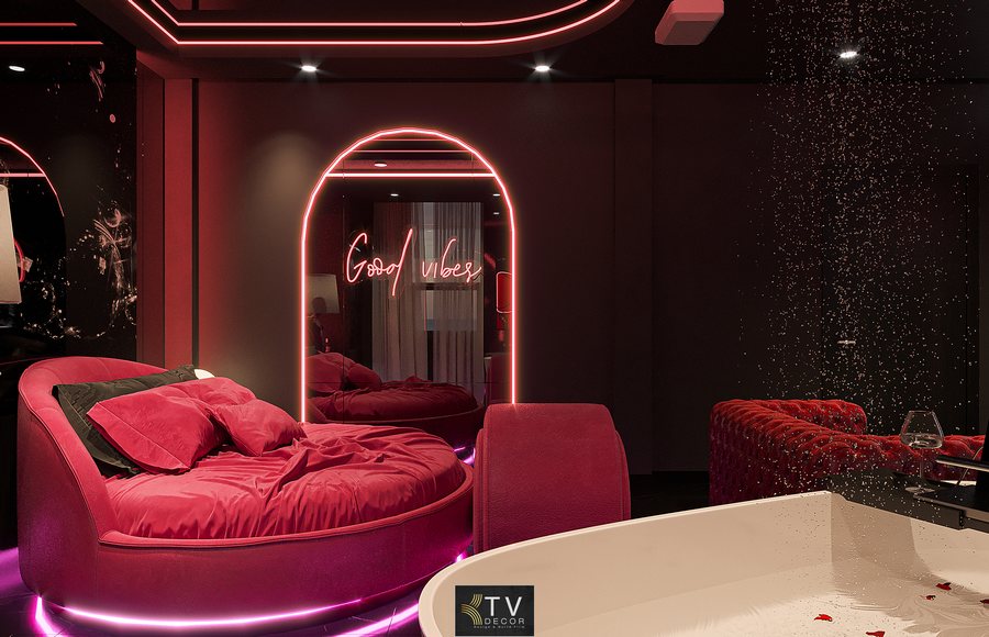Không gian được KTV Group tạo hình với giường tròn độc đáo, đèn LED hắt trần và gương phản chiếu ánh sáng, giúp căn phòng trở nên rộng rãi, thu hút và có chiều sâu.