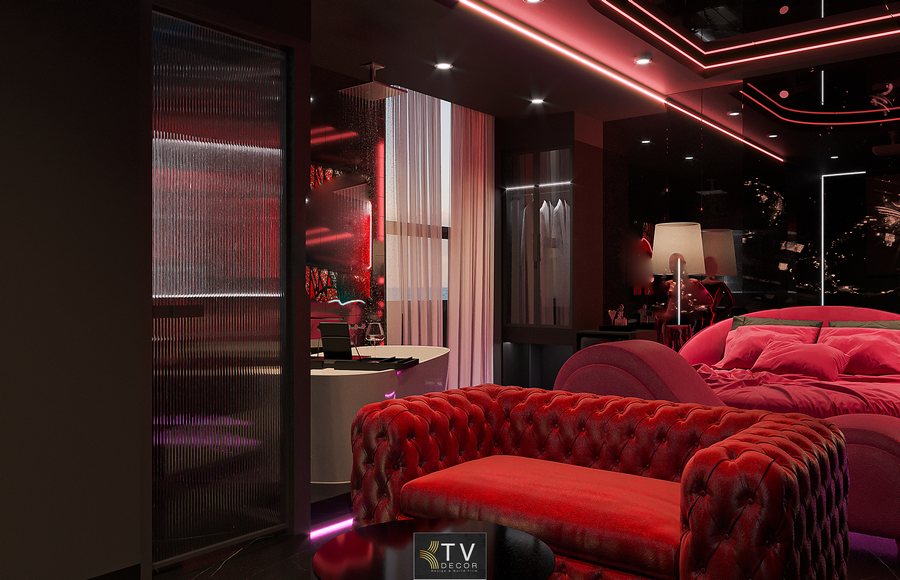 Căn phòng có diện tích phỏng đoán 30–35m², thiết kế mở với khu vực giường ngủ, sofa thư giãn và bồn tắm tinh tế.