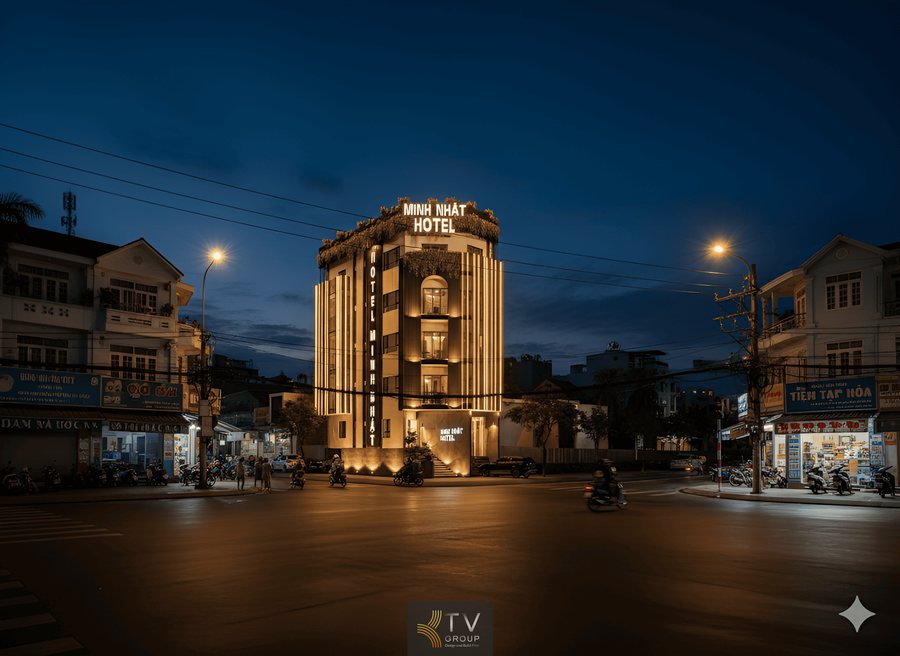 Thiết Kế & Thi Công Khách Sạn Minh Nhật – Mặt Đường Góc, Thiết Kế Hiện Đại Ánh Sáng Đêm | KTV Group