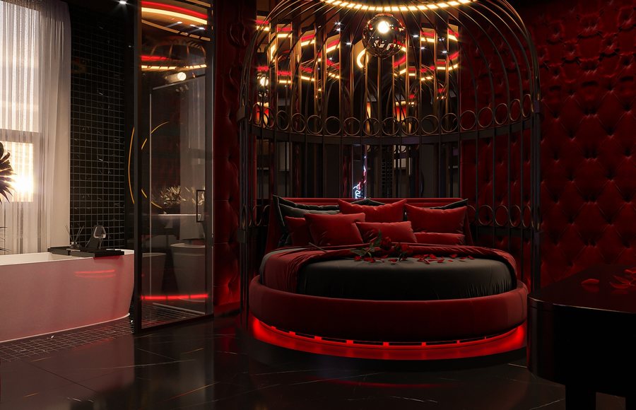 Thiết kế nội thất phòng khách sạn hiện đại sang trọng tông đỏ đen ánh sáng vàng – KTV Group