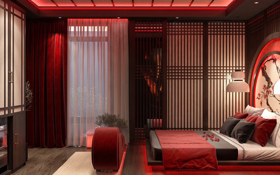 Khám phá mẫu thiết kế phòng ngủ khách sạn phong cách Á Đông hiện đại do KTV GROUP thực hiện. Sự hòa quyện giữa tông đỏ – đen, ánh sáng hắt tinh tế và chất liệu gỗ cao cấp mang lại không gian sang trọng, nghệ thuật và đầy cảm xúc.