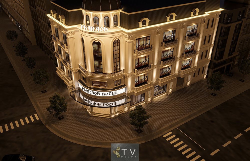Dự án Pharaoh Hotel được thiết kế theo phong cách Tân Cổ Điển châu Âu với mặt tiền ấn tượng, bố cục cân đối, ánh sáng vàng ấm áp tôn lên vẻ sang trọng và đẳng cấp.