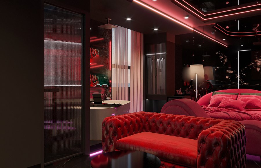 Thiết kế phòng khách sạn phong cách Netflix hiện đại với ánh sáng đỏ đen sang trọng – Dự án KTV Group 2