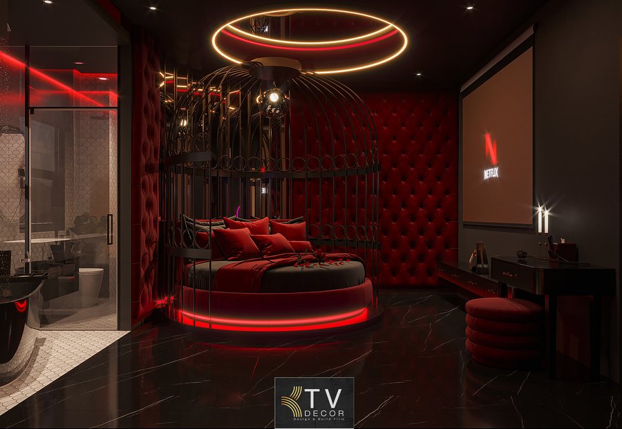 Thiết Kế Phòng Khách Sạn Hiện Đại Tông Đỏ – Đen Ấn Tượng | Dự Án KTV Group