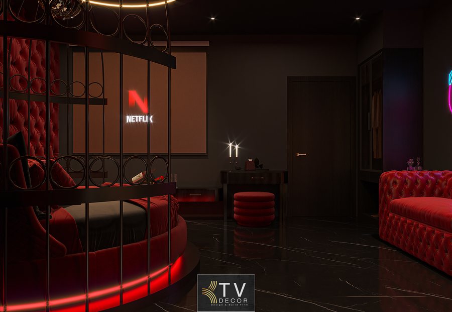 Mẫu thiết kế nội thất phòng khách sạn tông đỏ – đen hiện đại, cá tính – KTV Group