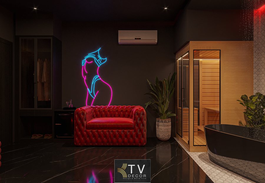 Mẫu thiết kế nội thất phòng khách sạn tông đỏ – đen hiện đại, cá tính – KTV Group 1