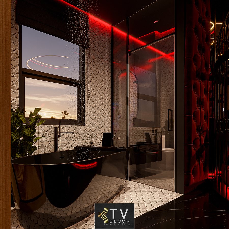 Mẫu thiết kế nội thất phòng khách sạn tông đỏ – đen hiện đại, cá tính – KTV Group 2