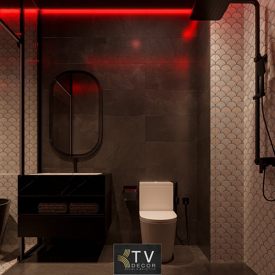 Mẫu thiết kế nội thất phòng khách sạn tông đỏ – đen hiện đại, cá tính – KTV Group 67