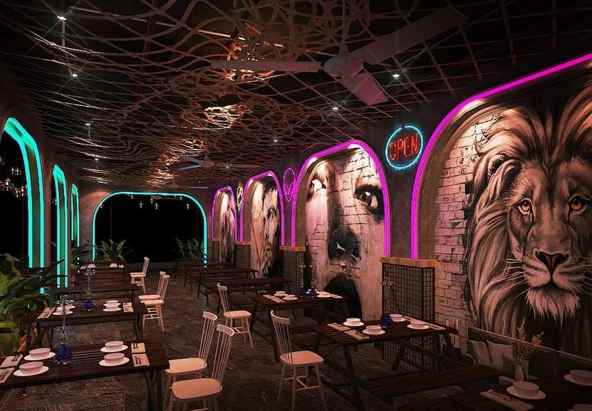 thiết kế quán cafe bar XÓM XOAY, mặt tiền mở, đèn neon nổi bật, phong cách trẻ trung cá tính, không gian ngoài trời, quán cafe chill về đêm