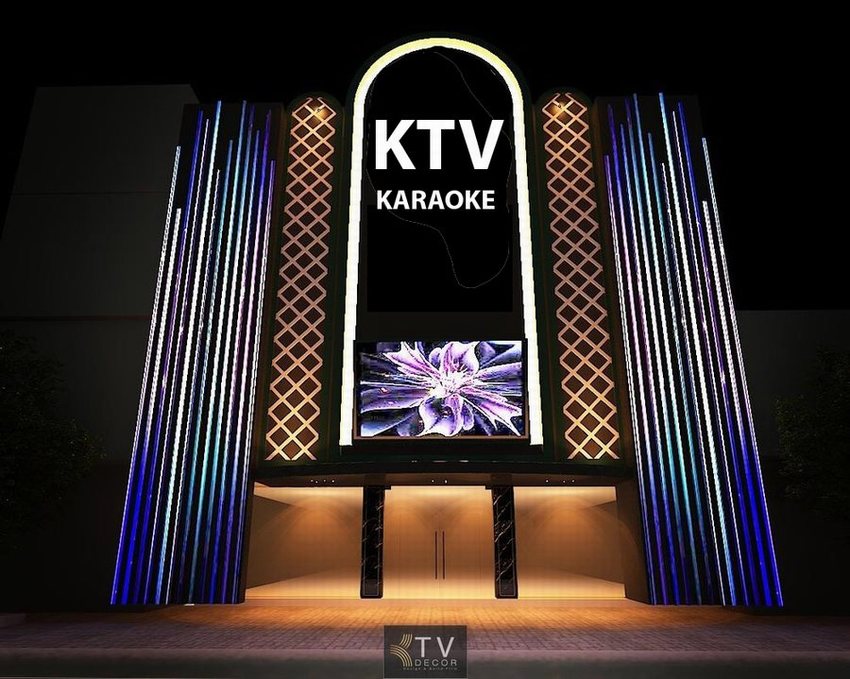 Thiết kế thi công karaoke chuyên nghiệp - Mặt tiền KTV DESIGN hiện đại với đèn LED và bảng hiệu nổi bật