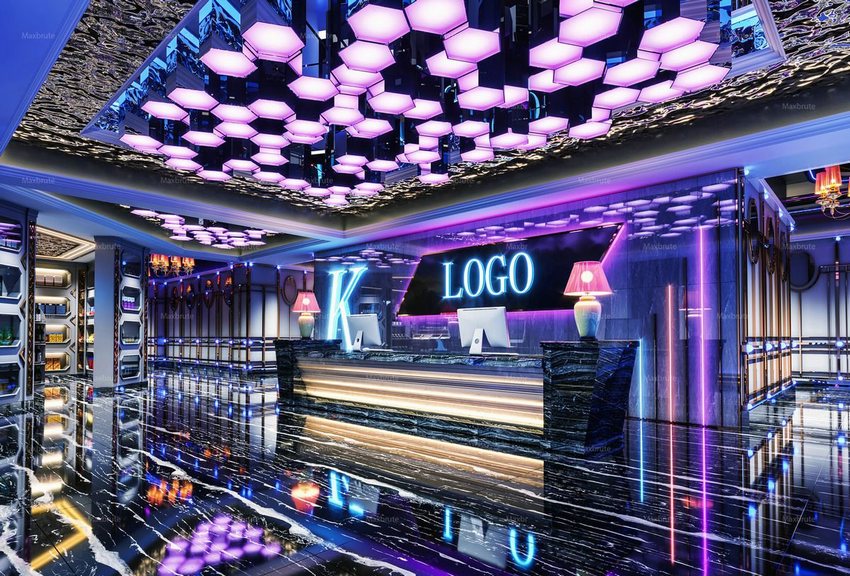 Thiết kế thi công karaoke cao cấp - Sảnh KTV DESIGN hiện đại với trần LED lục giác và quầy lễ tân sang trọng