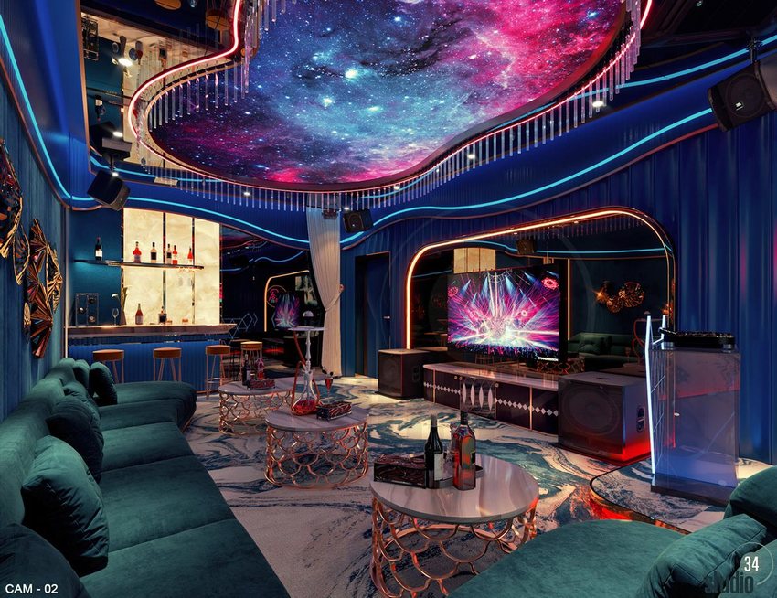 Thiết kế thi công karaoke - KTV với phòng karaoke VIP trần vũ trụ, nội thất sang trọng và ánh sáng nghệ thuật