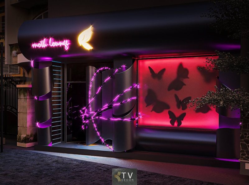 Thiết kế mặt tiền lounge bar club KTV ấn tượng  Mặt tiền lounge bar club KTV ánh sáng tím 