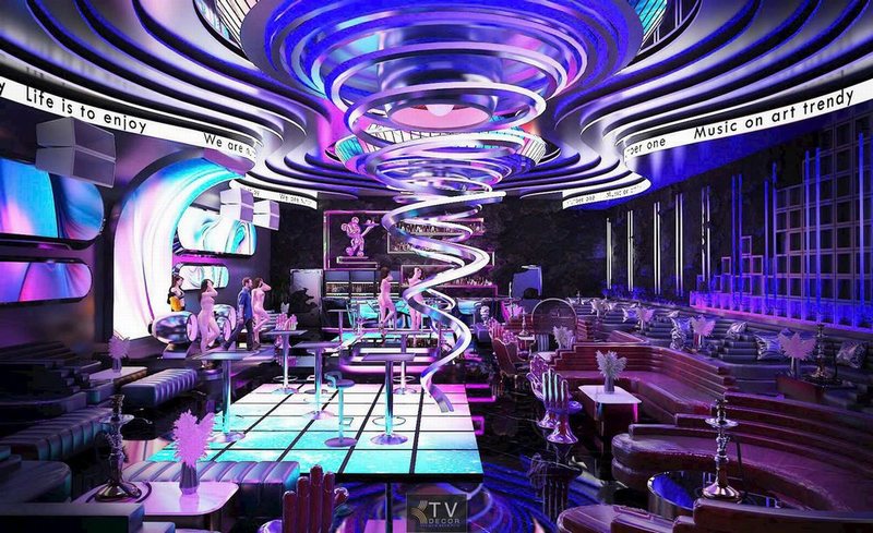 Trần xoắn ốc độc đáo lounge bar club KTV hiện đại  Sàn LED phát sáng trong lounge bar club KTV 