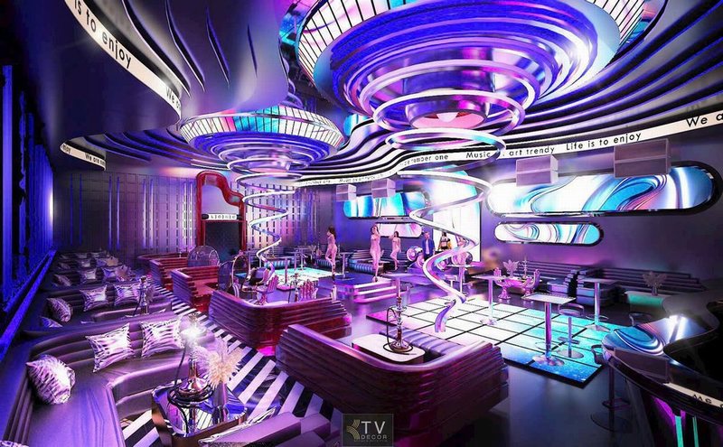 Nội thất tương phản ánh sáng lounge bar club KTV  Không gian chill lounge bar club KTV tương lai  Lounge bar club KTV với hiệu ứng ánh sáng tím xanh  Kiến trúc độc đáo của lounge bar club KTV 2025 