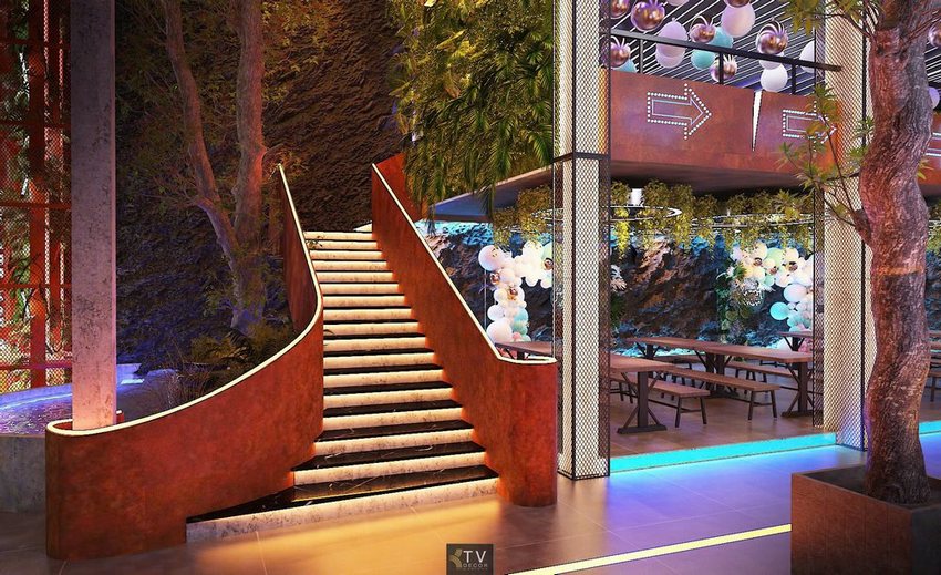 Thiết kế thi công Beer Food Garden với cầu thang cong nổi bật, không gian xanh sáng tạo, phù hợp mô hình ẩm thực ngoài trời hiện đại
