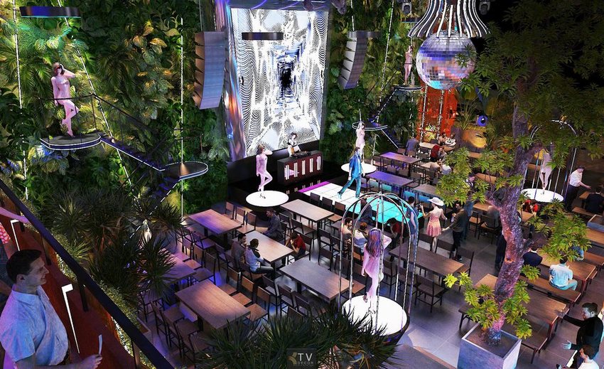 Thiết kế thi công beer food garden nhìn từ trên cao – không gian sân khấu trung tâm, mảng xanh và trình diễn nghệ thuật độc đáo.