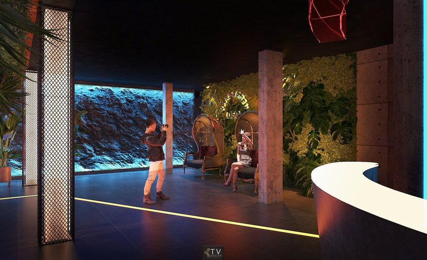 Thiết kế thi công beer food garden với khu vực chờ sang trọng, tường cây xanh và đèn trang trí hiện đại.