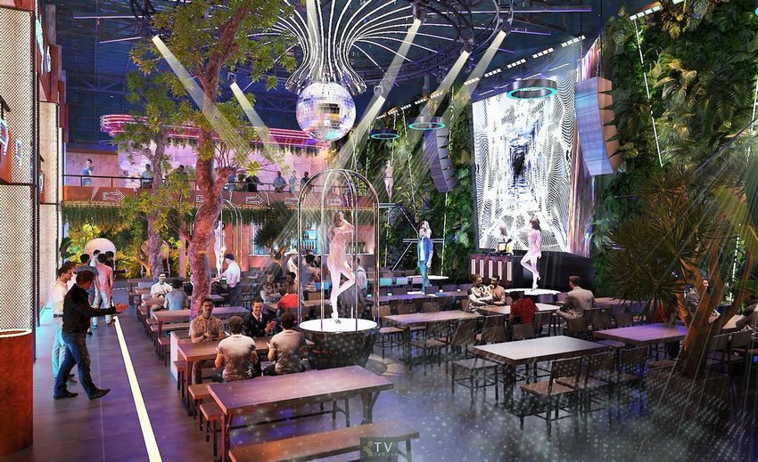 Thiết kế thi công beer food garden phong cách nightlife kết hợp không gian xanh và sân khấu biểu diễn hiện đại.