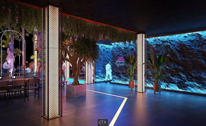 Thiết kế thi công beer food garden với khu hành lang hiện đại, ánh sáng nghệ thuật và không gian xanh ấn tượng.