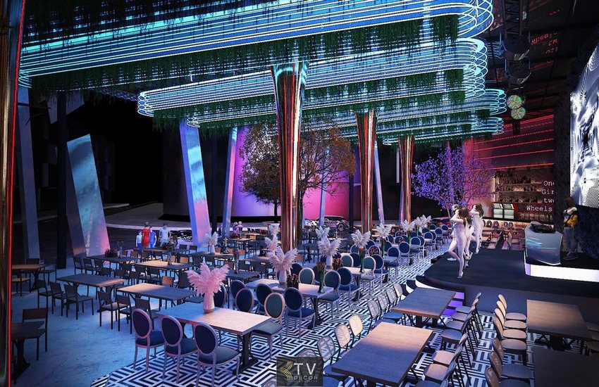 Alt ảnh (SEO): Thiết kế thi công beer food garden với hệ trần đèn LED và sân khấu biểu diễn ấn tượng – Dự án THE GANGS F&B