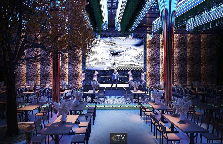 Alt ảnh (SEO): Thiết kế thi công beer food garden với sân khấu LED trung tâm và bố trí không gian F&B đẳng cấp – Dự án THE GANGS by KTV DECOR