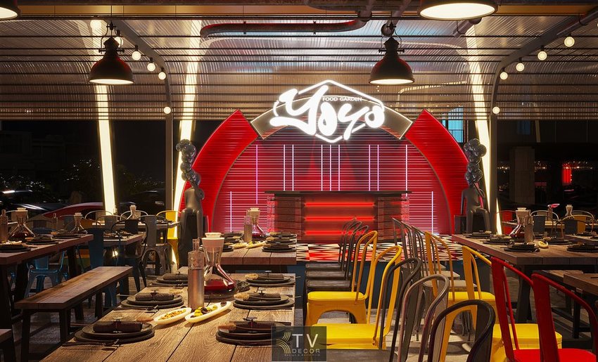 Thiết Kế Thi Công Trọn Gói Beer Club & Beer Garden Chuyên Nghiệp với không gian sân vườn ngoài trời và ánh sáng nổi bật