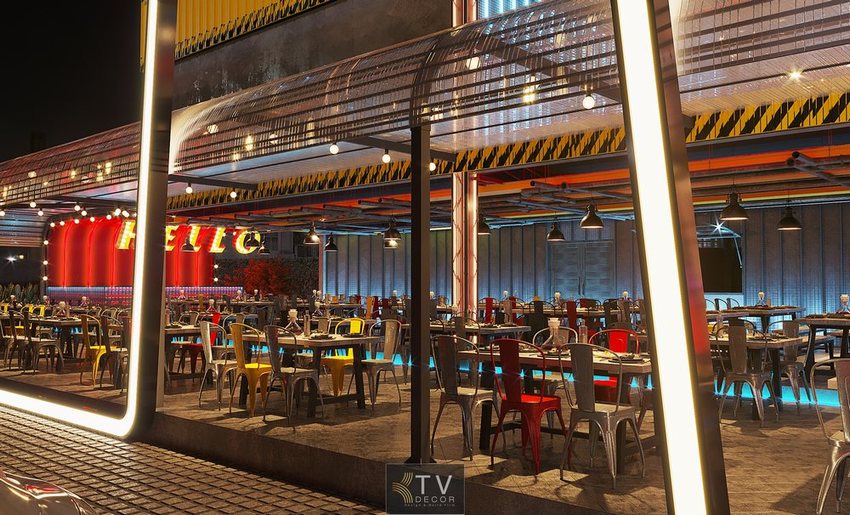 Thiết Kế Thi Công Trọn Gói Beer Club & Beer Garden Chuyên Nghiệp với mái kính hiện đại, nội thất công nghiệp và ánh sáng LED thu hút