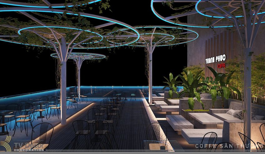 Thiết kế thi công quán cafe rooftop sân thượng phong cách hiện đại, không gian mở kết hợp ánh sáng LED nghệ thuật và cây xanh, mang đến trải nghiệm độc đáo về đêm.