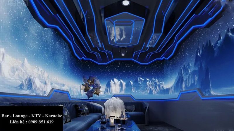 Thiết kế KTV karaoke đẹp 2214 – Phòng hát chủ đề băng giá với trần LED phi thuyền hiện đại | KTV KARAOKE