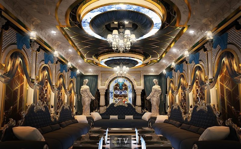 Thiết kế KTV karaoke đẹp 2222 với nội thất phong cách hoàng gia, tượng nghệ thuật và trần 3D đèn led 