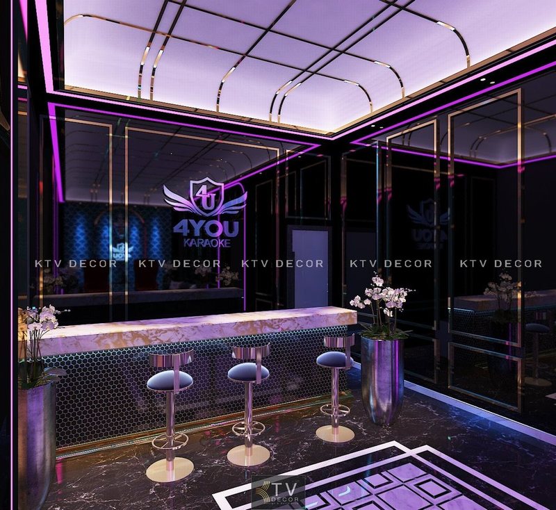 Thiết kế KTV karaoke đẹp 2226 với quầy bar lễ tân hiện đại, ánh sáng tím neon cá tính