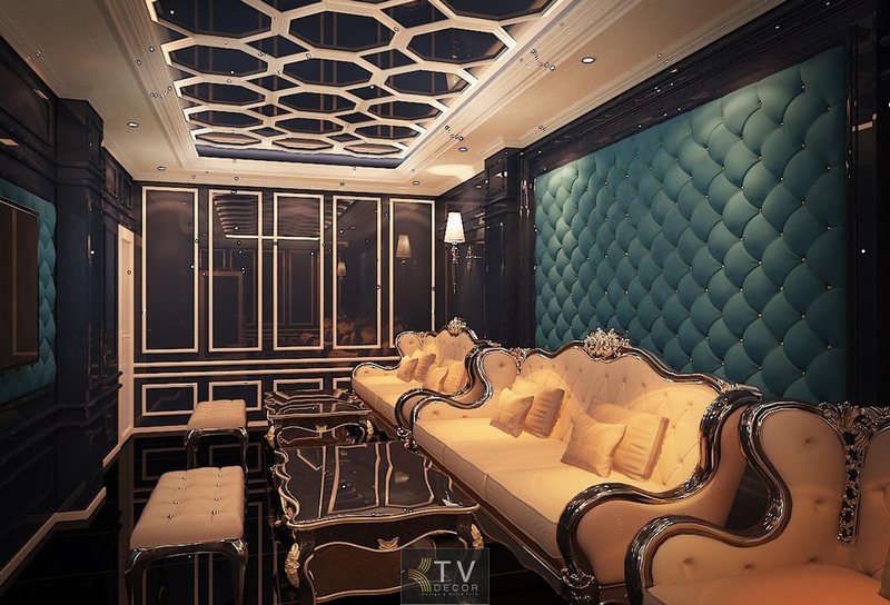 thiết kế KTV karaoke đẹp, mẫu phòng karaoke cổ điển, phòng karaoke VIP, thiết kế KTV tông kem xanh, nội thất karaoke cao cấp, KTV Decor 