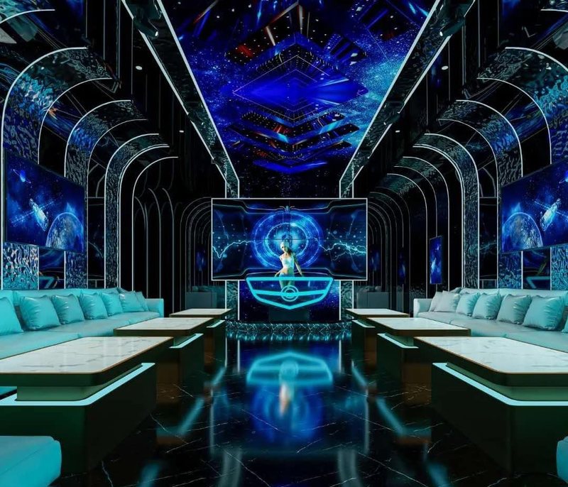 Thiết kế phòng karaoke mã 2206 với hiệu ứng ánh sáng vũ trụ, màn hình LED hologram DJ, trần không gian thiên hà và kiến trúc vòm ánh kim hiện đại