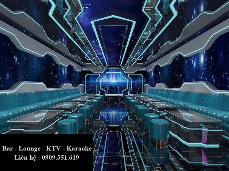 Thiết kế KTV Karaoke đẹp 2233 phong cách vũ trụ hiện đại với ánh sáng LED xanh nổi bật