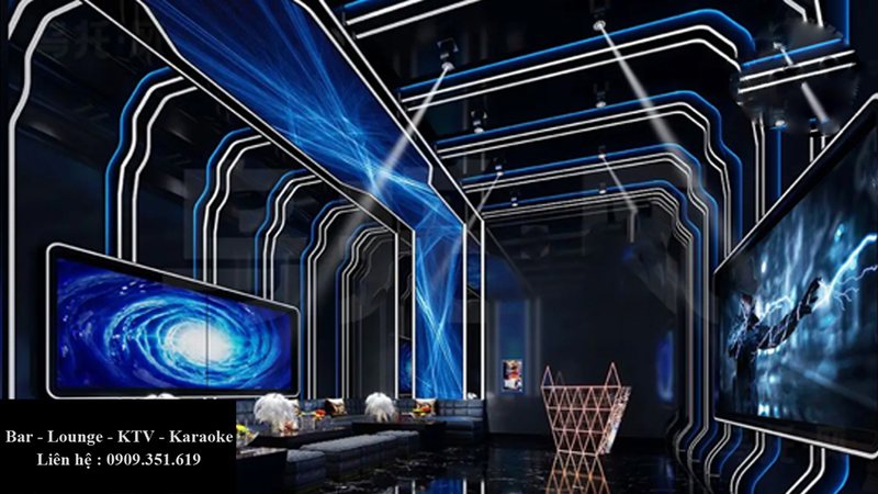 Không gian phòng KTV karaoke 2242 với hiệu ứng ánh sáng 3D độc đáo và quầy bar mini 