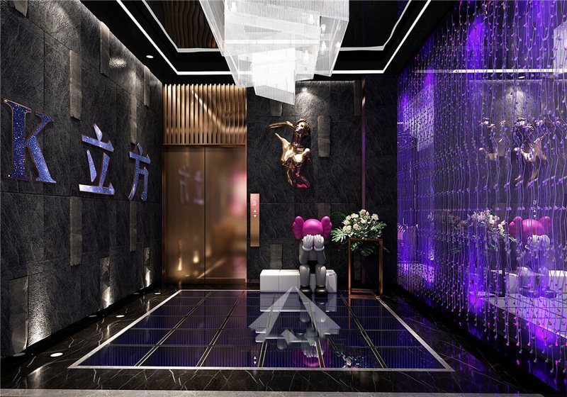 Thiết kế sảnh chờ KTV karaoke đẹp 2208 với tường đá đen cao cấp, tượng nghệ thuật hiện đại, đèn LED tím, và sàn kính phát sáng sang trọng